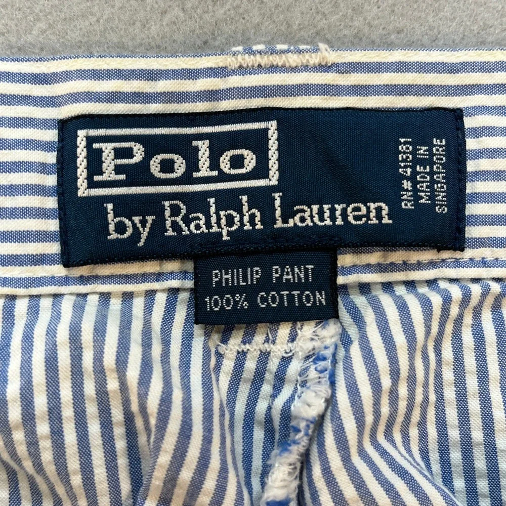 Mens Polo Lauren Blue White Seersucker Striped Cotton Pants 36x30 Preppy Summer